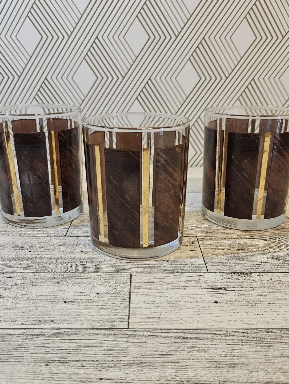 3 Vintage Libbey Rocks Glasses - Wood Grain And Gold Stripes